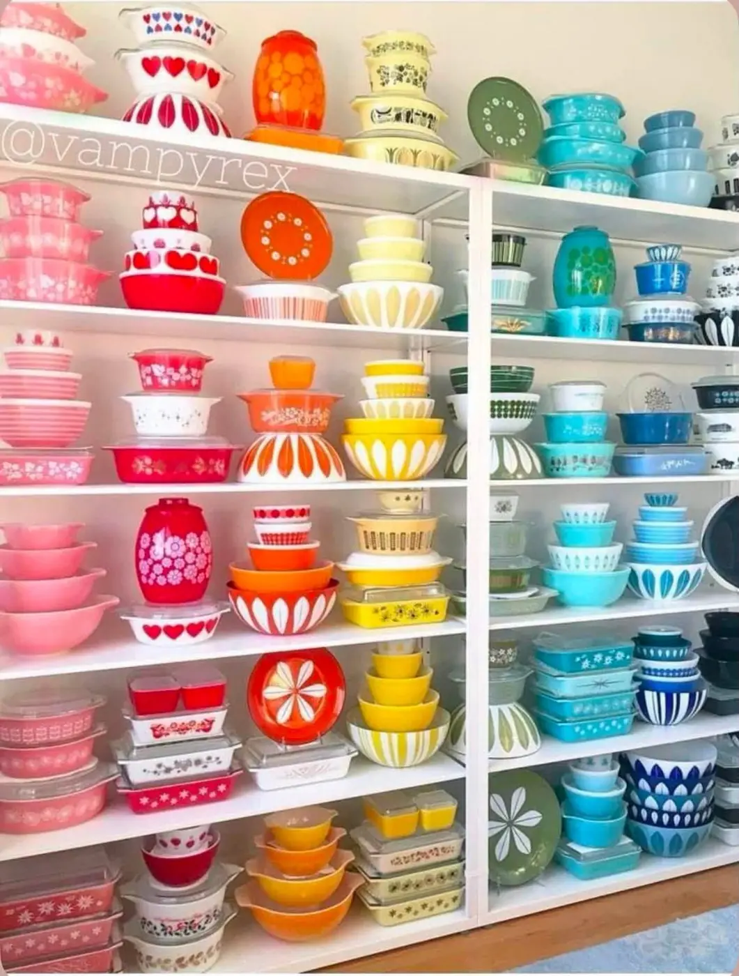 Rainbow collection of bowls and casseroles on white shelves