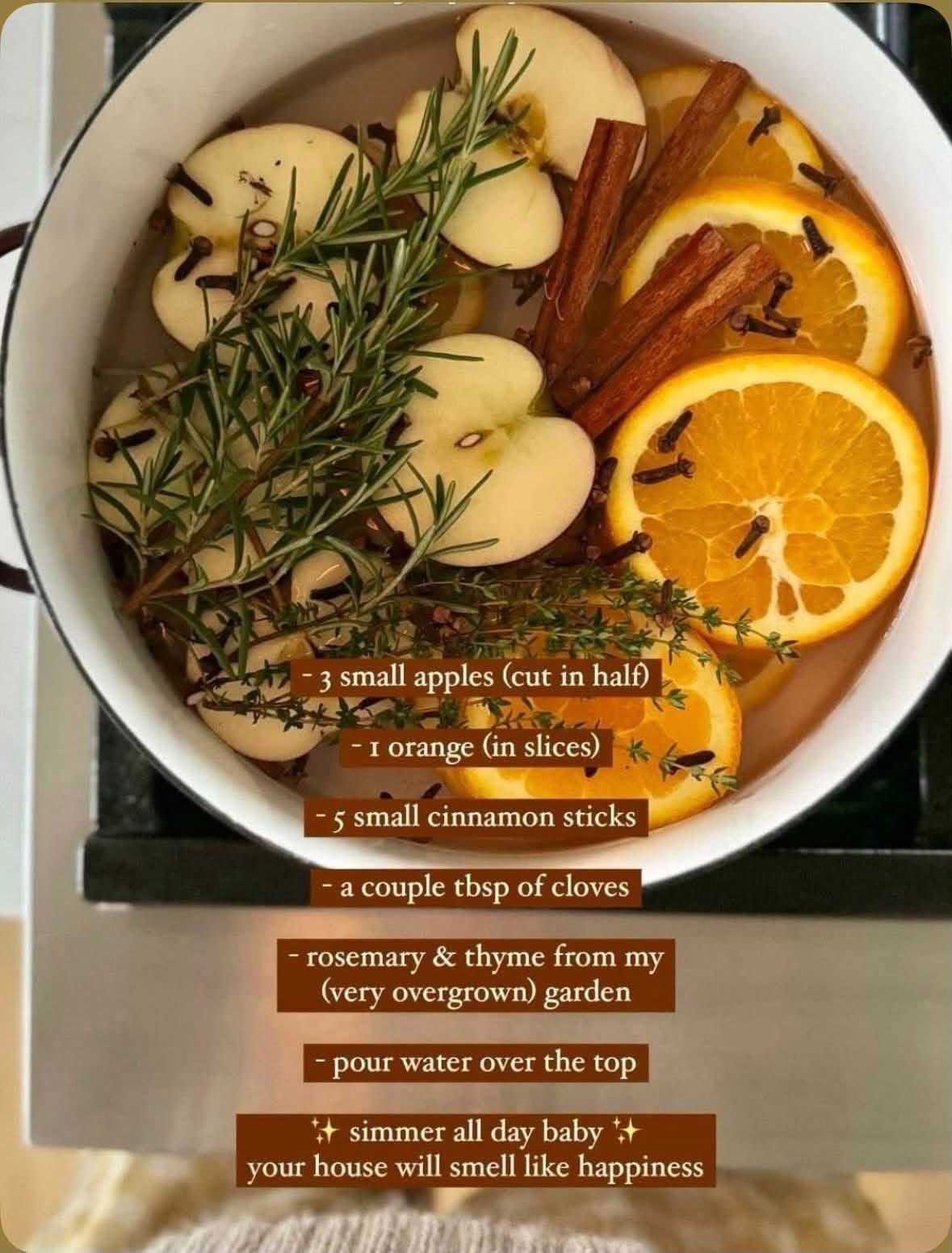 Autumn simmer pot with apples, oranges, cinnamon, cloves, and herbs