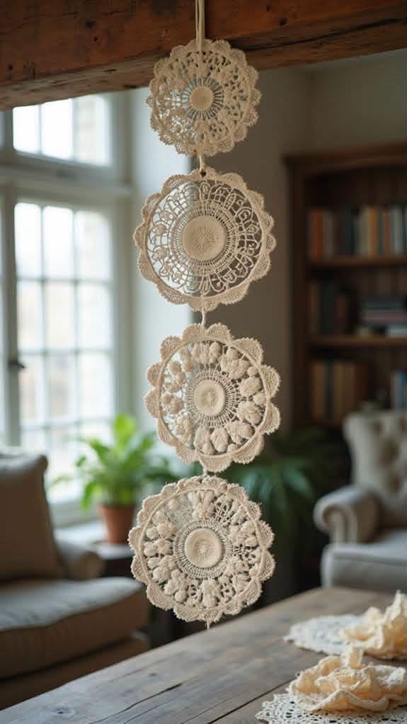 Four cream doilies hanging vertically from a wooden beam
