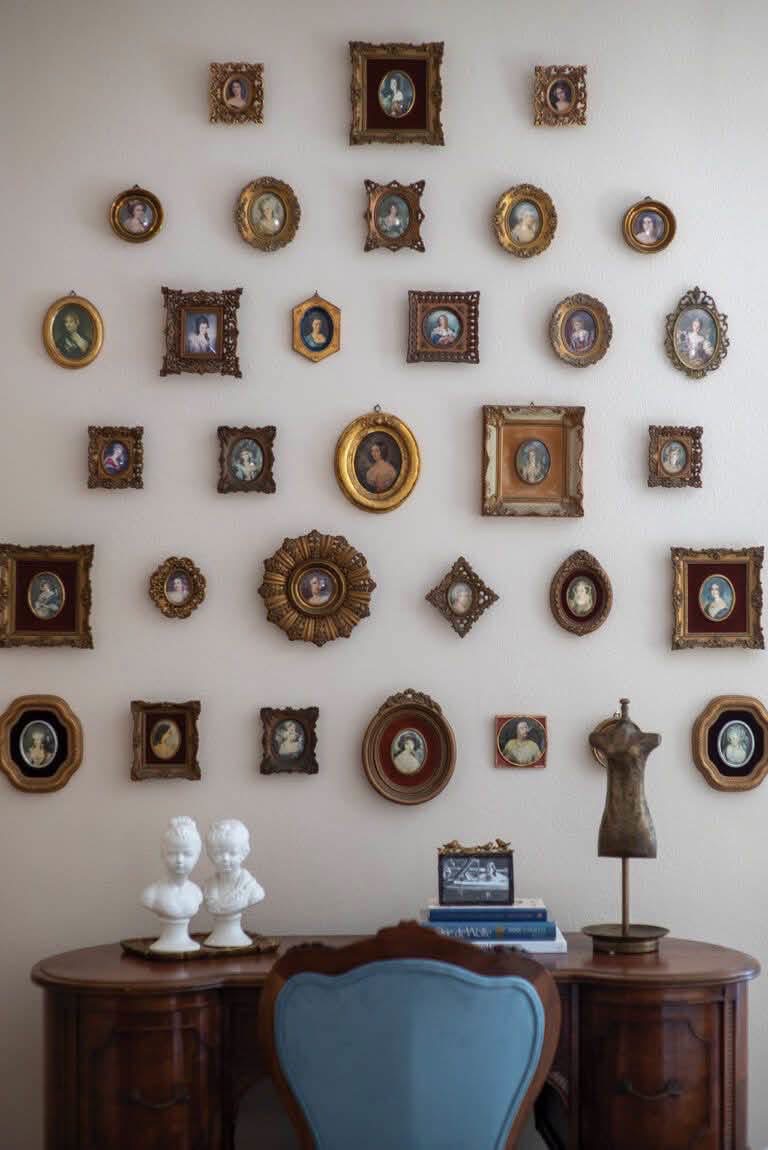 Miniature portraits in ornate frames above a desk and blue chair