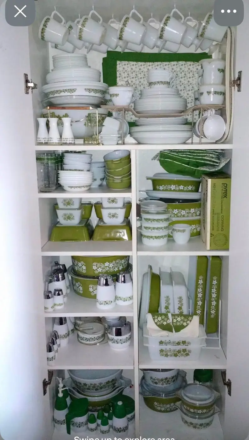 Green and white patterned dishes arranged in a tall cabinet