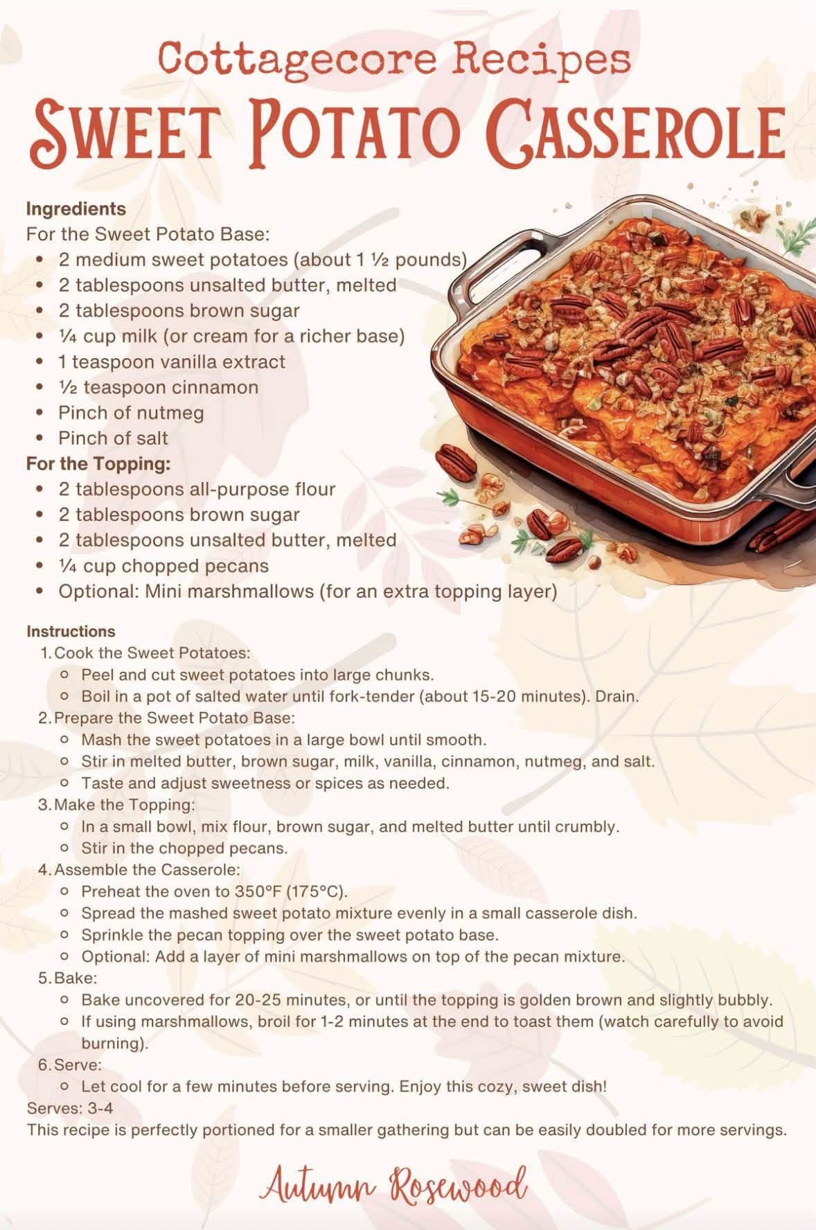 Illustrated sweet potato casserole recipe credited to Autumn Rosewood