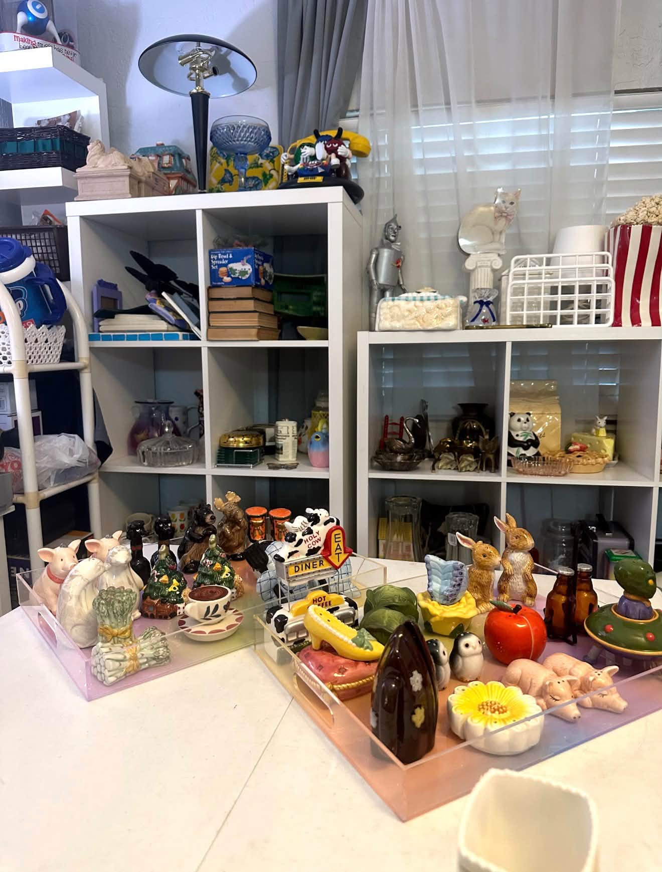 Vintage salt and pepper shakers arranged on trays for our first Whatnot show