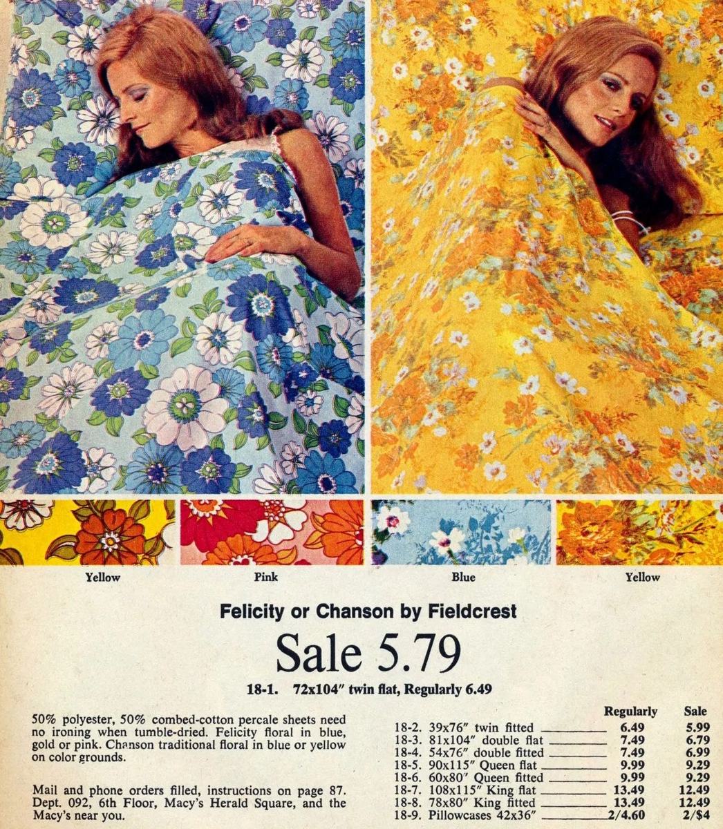 Fieldcrest catalog advertisement for blue and yellow floral bedding