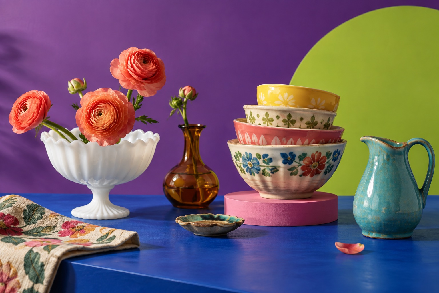Milk glass with coral flowers, patterned bowls, amber glass and a turquoise pitcher against a colorful background