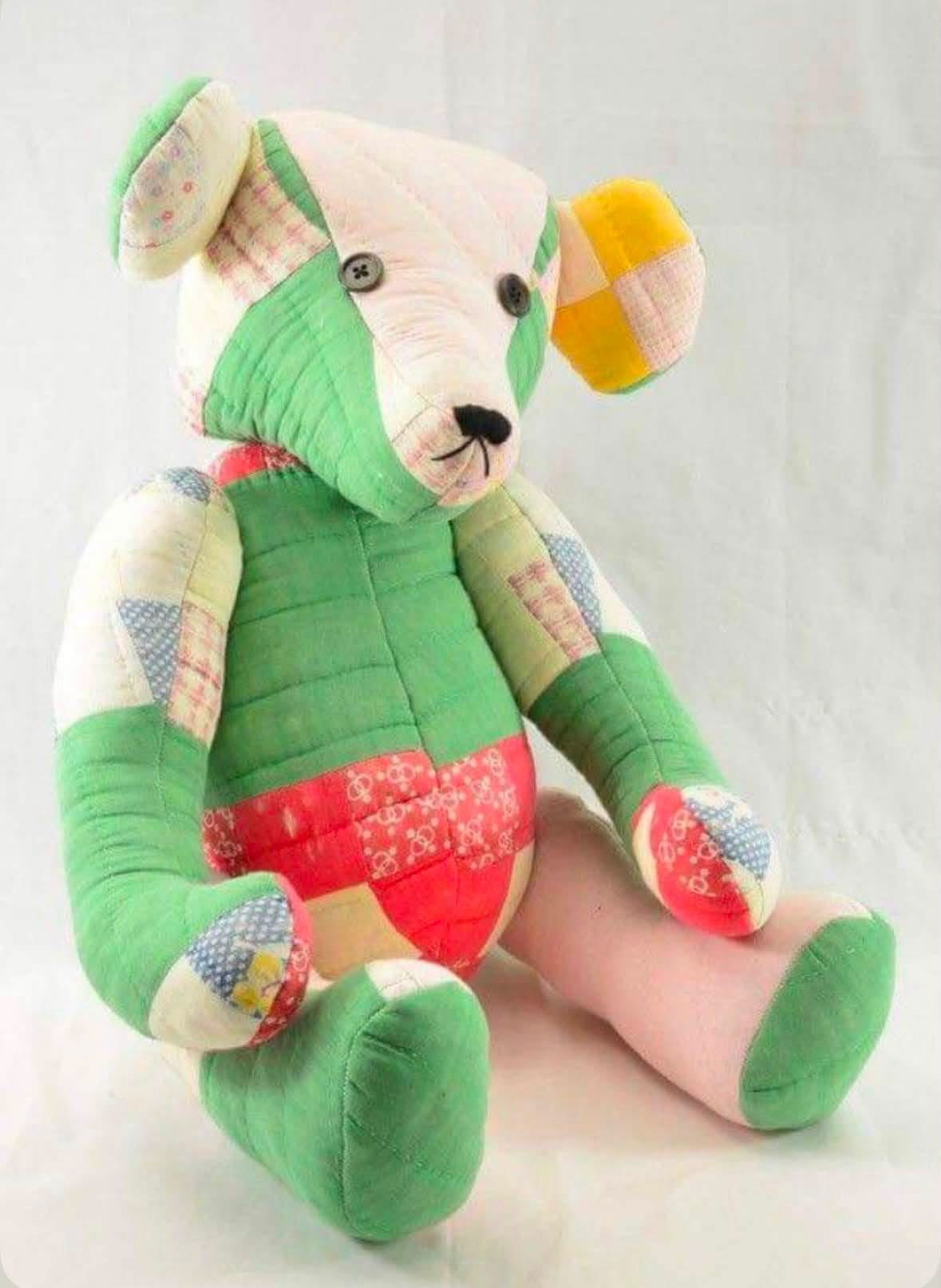 Green and pink patchwork teddy bear