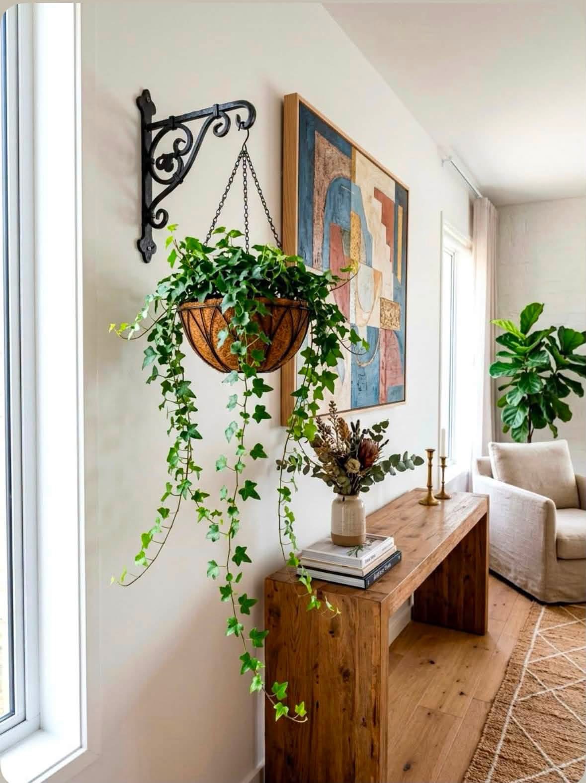 Hanging ivy beside a window in a bright living room