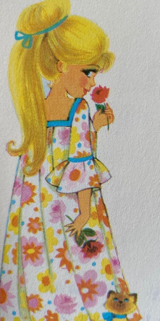 Vintage illustration of a girl in a floral dress holding a flower