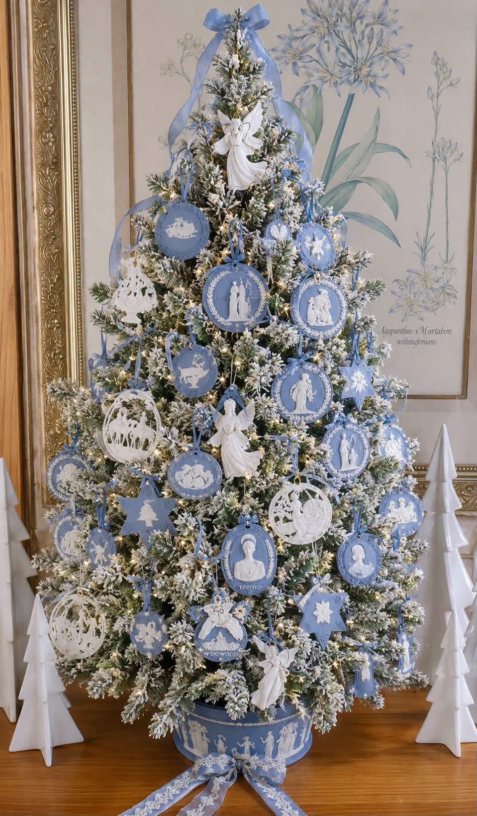 Christmas tree decorated with blue and white Wedgwood ornaments