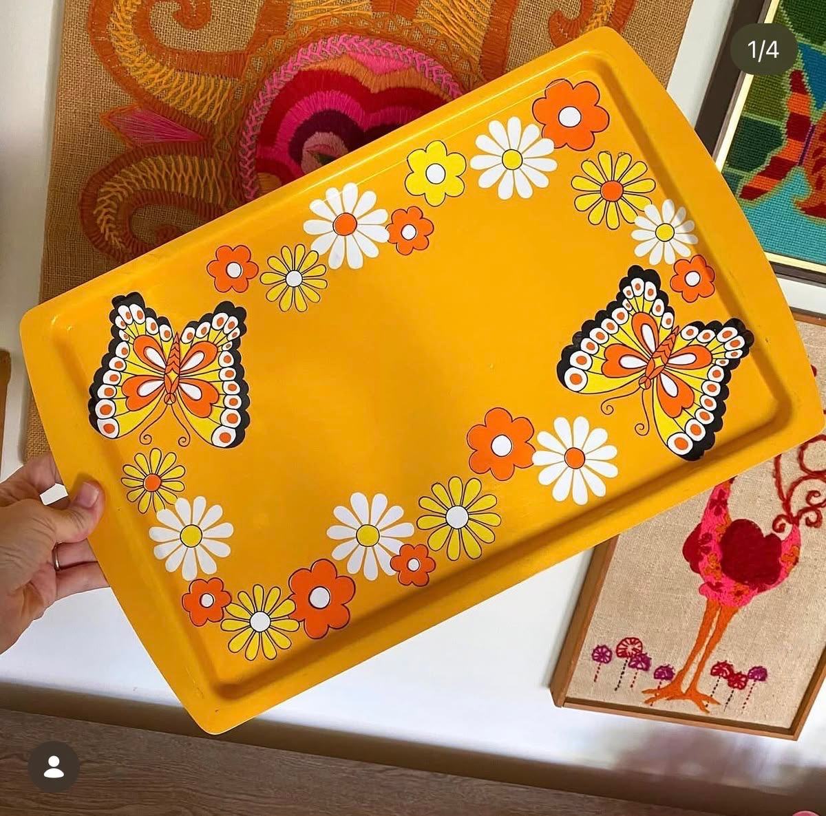 Yellow serving tray decorated with flowers and butterflies