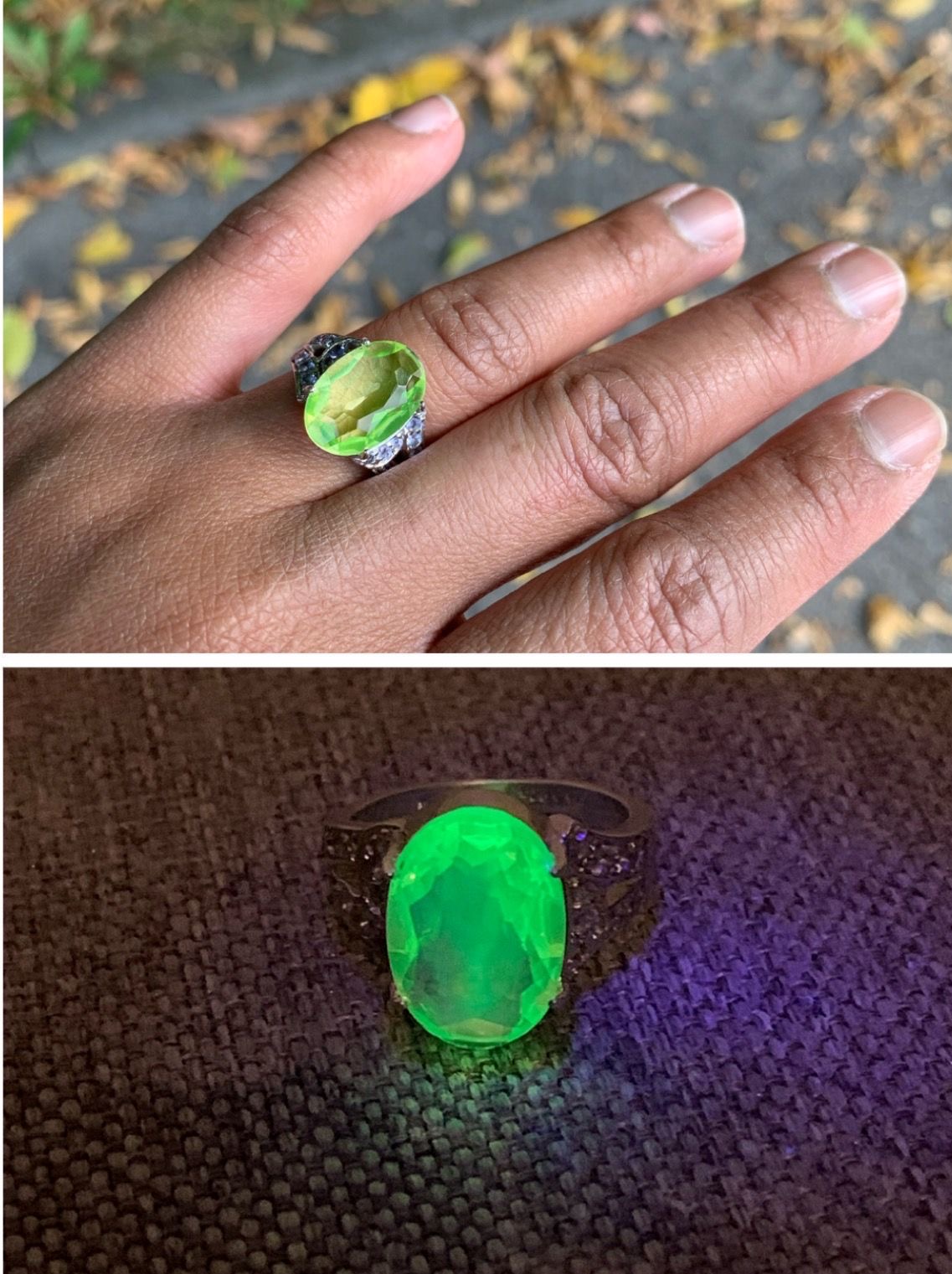 A green vintage glass ring shown in daylight and glowing under ultraviolet light
