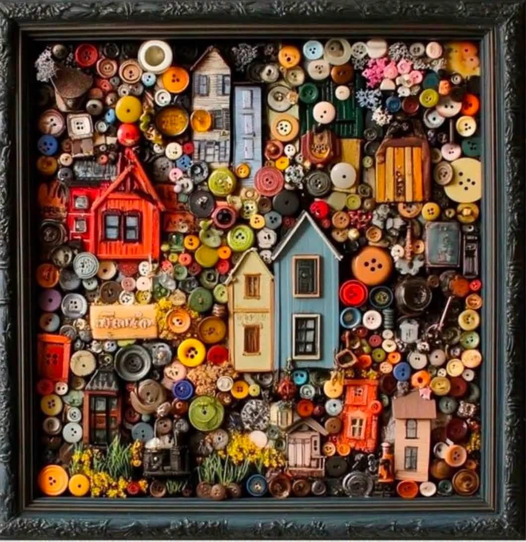 Colorful buttons and miniature houses arranged in a frame