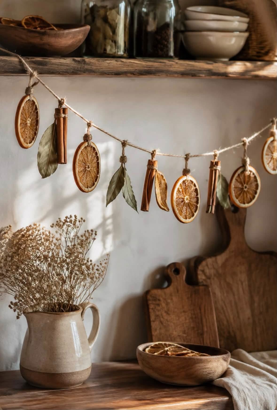 Dried orange and cinnamon garland above a rustic kitchen counter