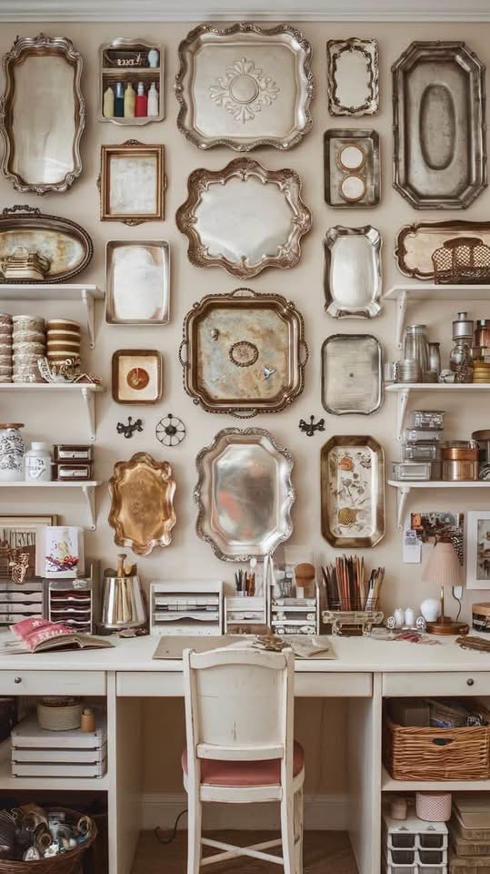 Silver trays arranged above a craft desk