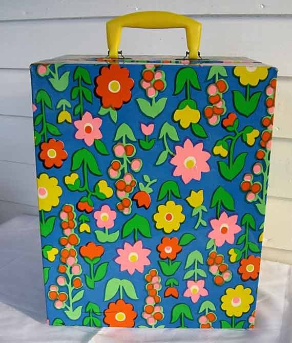 Blue floral carrying case with a yellow handle