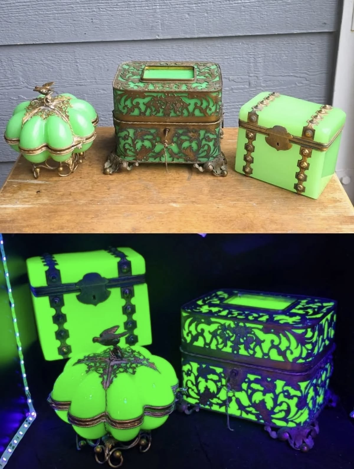 Decorative green vintage glass boxes and a jar shown in daylight and under ultraviolet light