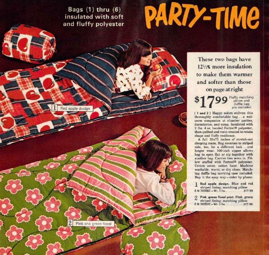 Vintage Party Time catalog advertisement with patterned sleeping bags