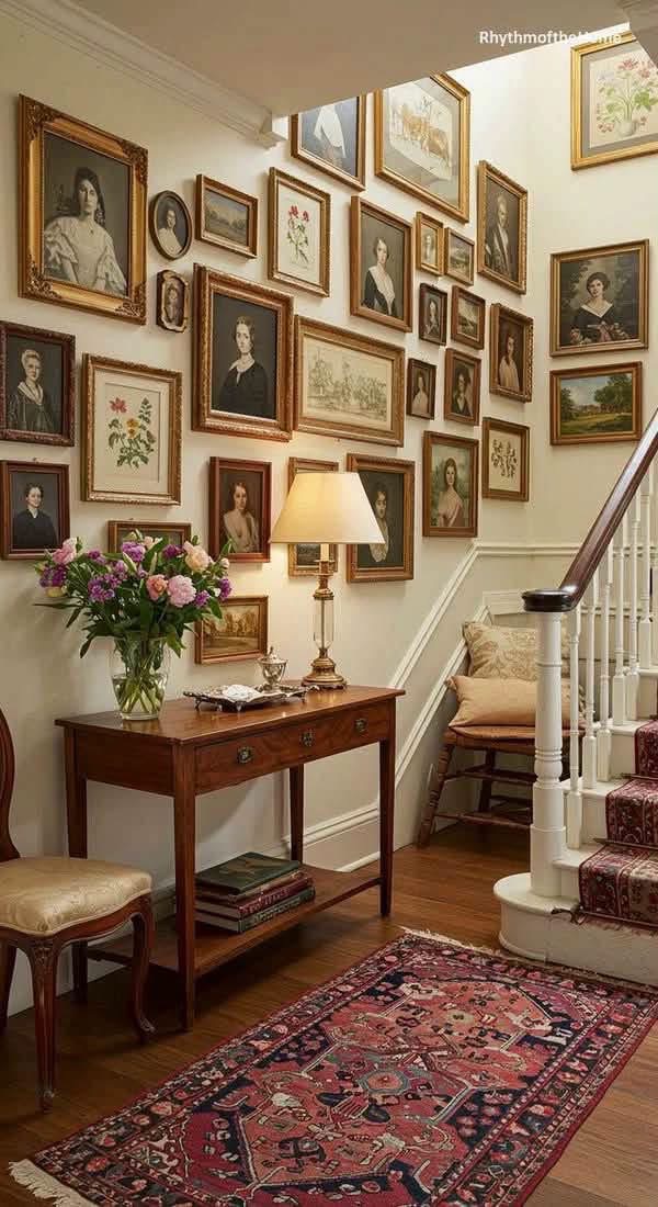 Framed portraits and botanical pictures along a staircase