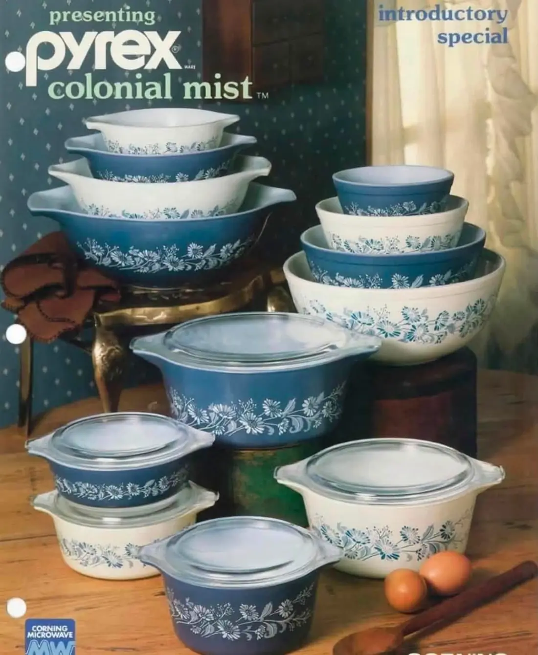 Vintage Colonial Mist advertisement with blue and white Pyrex