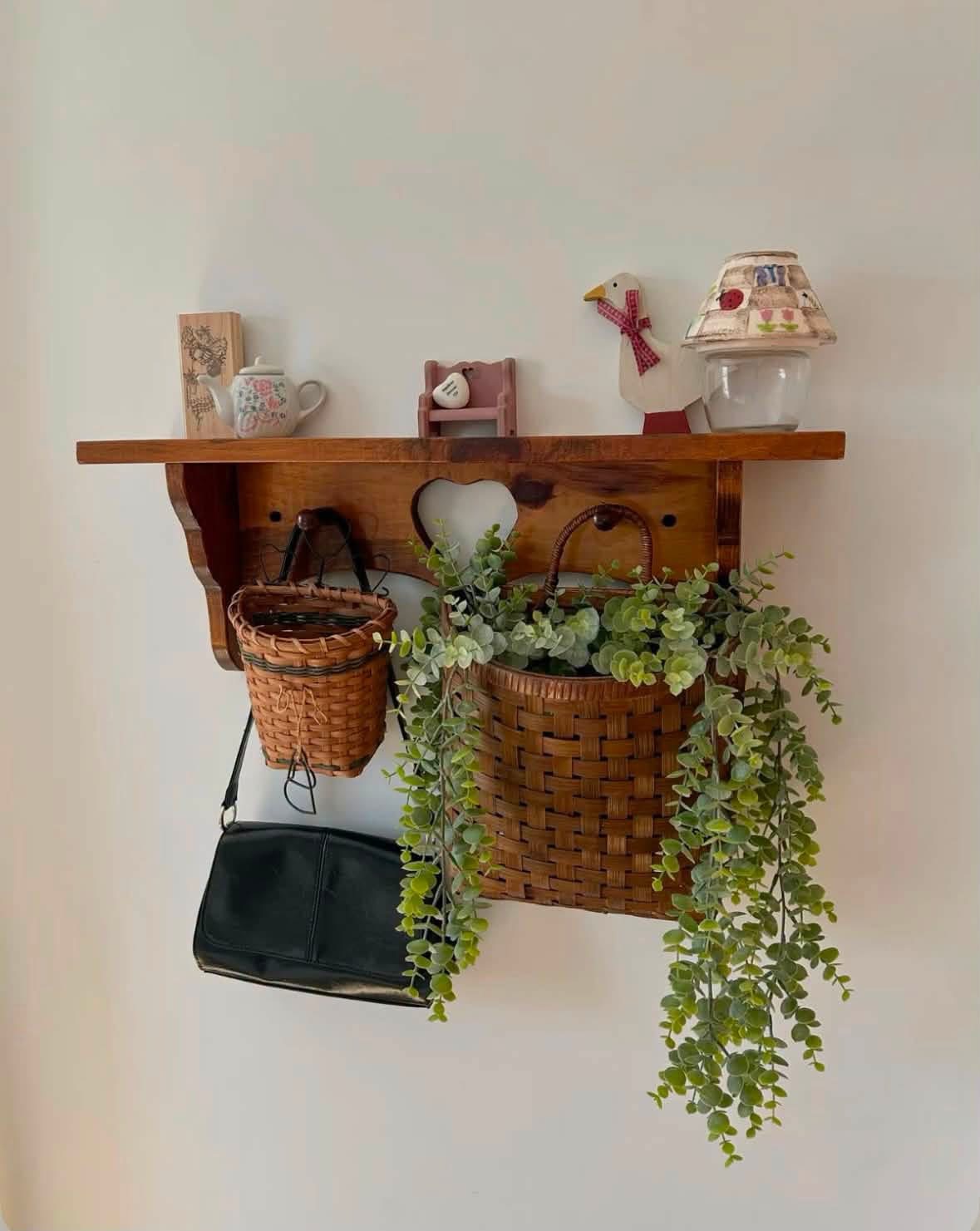 Trailing greenery in a hanging basket beneath a wooden shelf