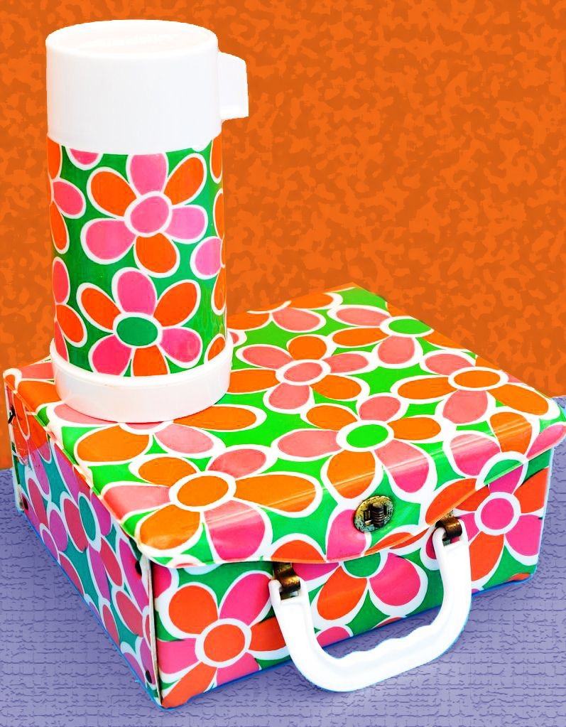 Pink and orange floral lunchbox and matching thermos