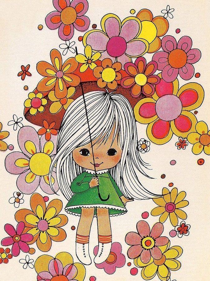 Vintage illustration of a girl beneath a floral umbrella