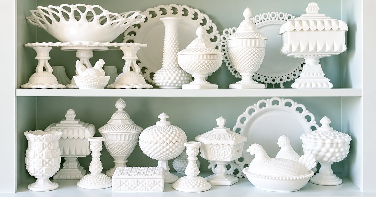 Vintage white milk glass bowls, covered dishes, candlesticks and plates displayed on pale green shelves