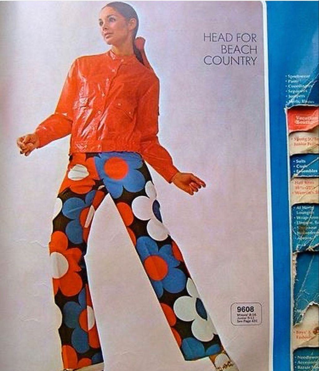 Vintage fashion advertisement with bold floral trousers