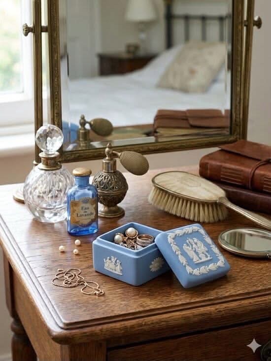 Blue Jasperware jewelry box on a wooden dressing table