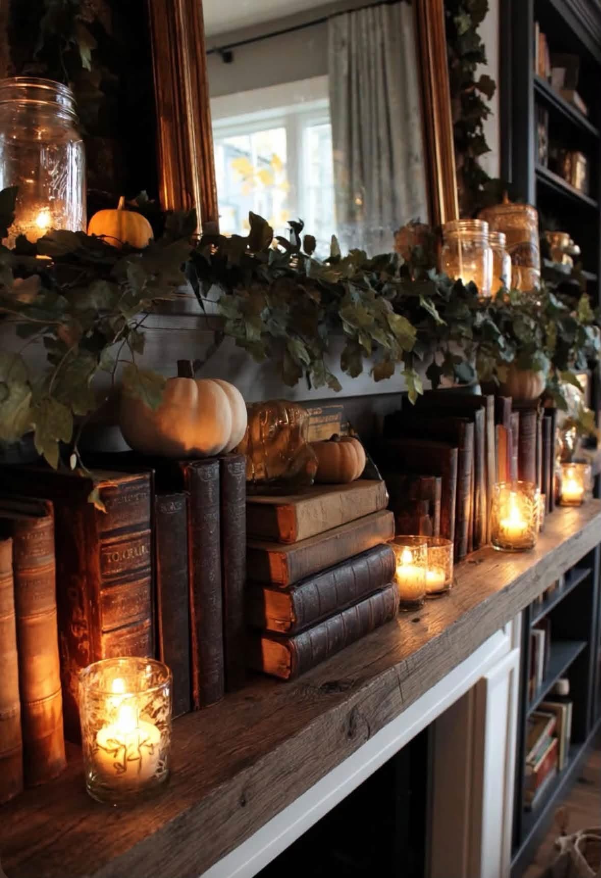 Books, small pumpkins, greenery, and glowing candles on a mantel