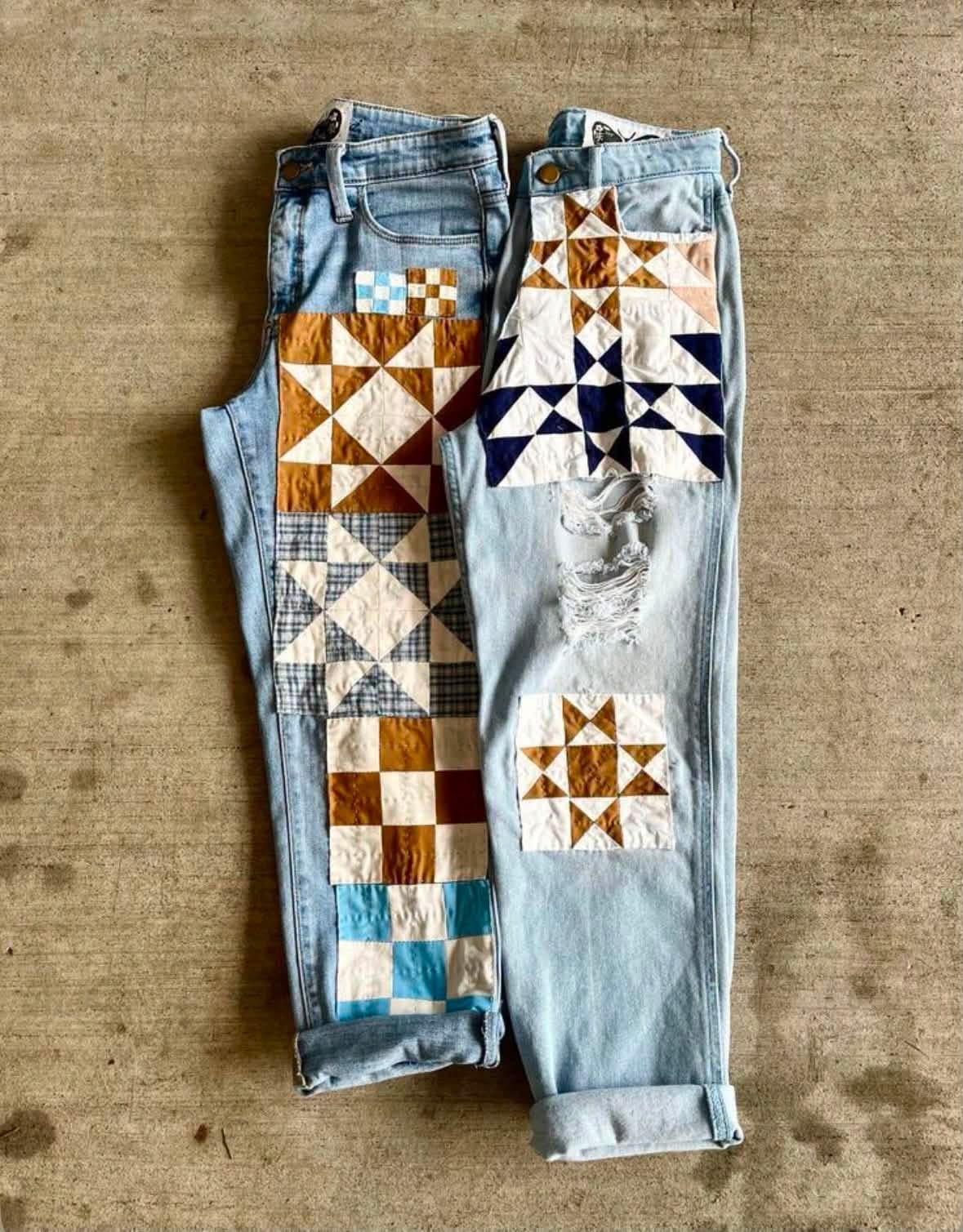 Jeans decorated with geometric quilt patches