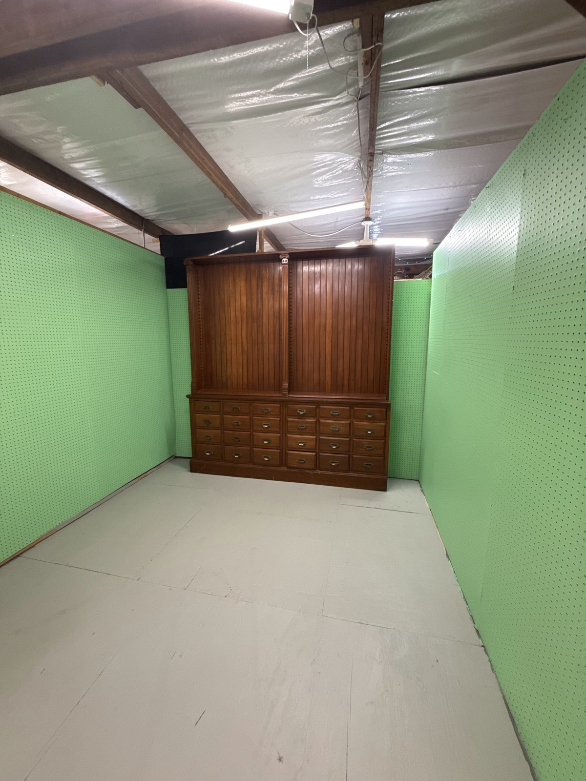 The booth with its first cabinet in place
