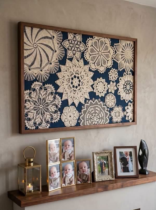 White doilies framed against dark blue fabric above family photographs