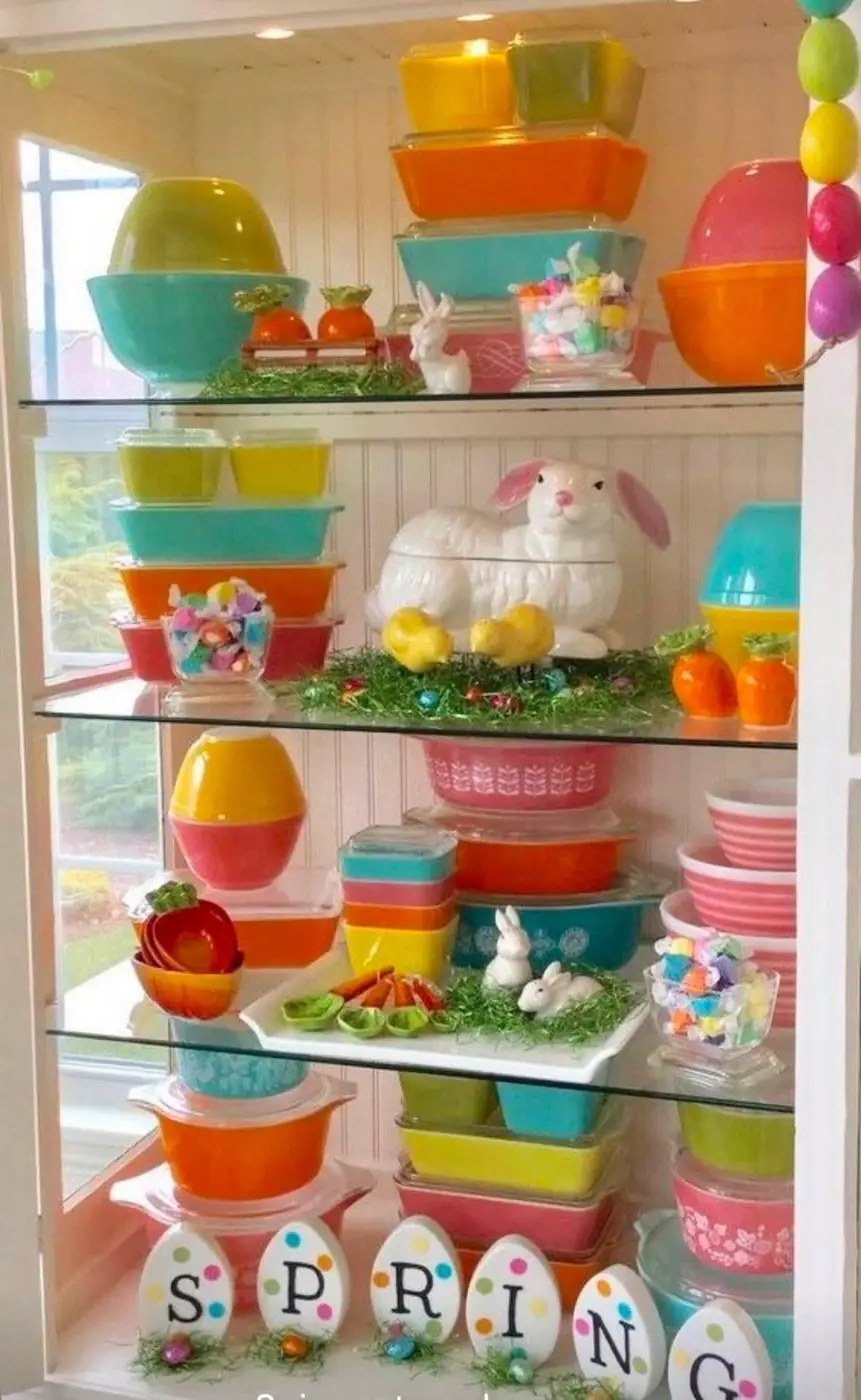 Spring display with pastel bowls and bunny decorations