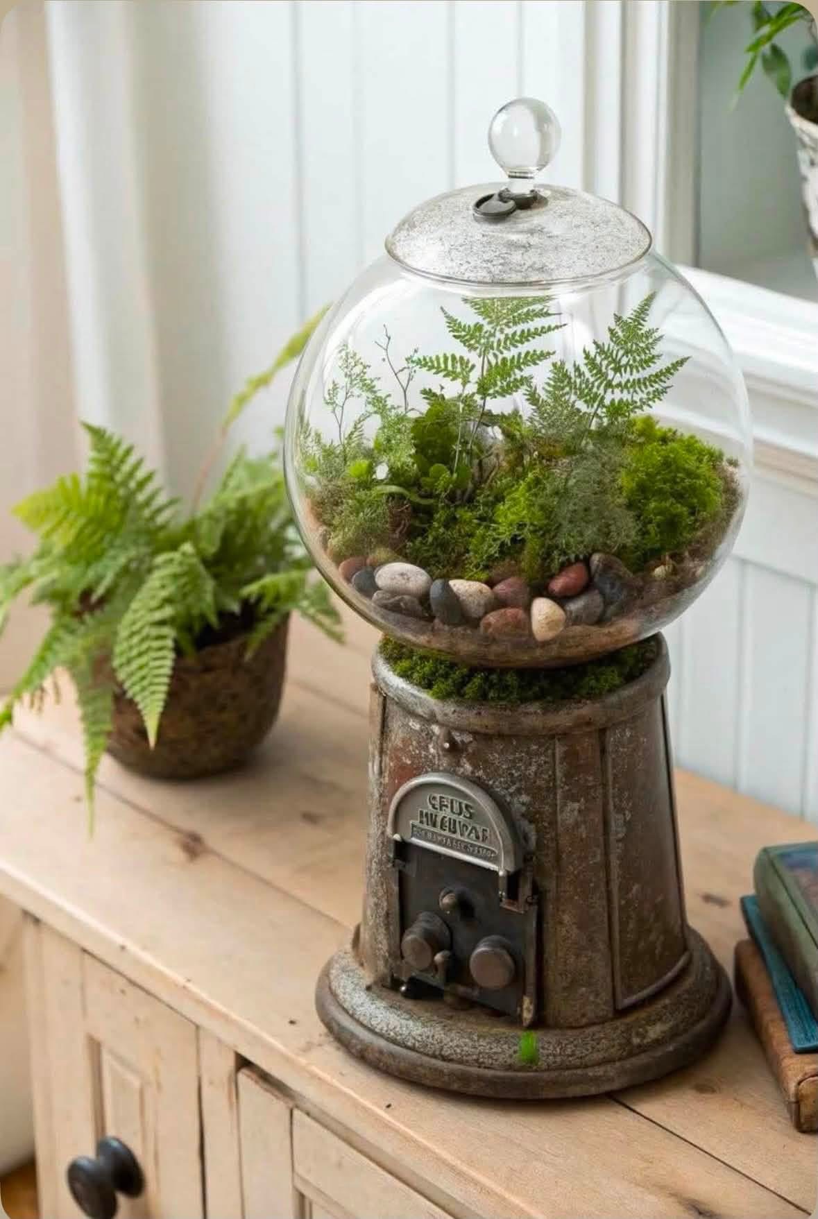 Ferns and moss in a glass globe on a vintage dispenser style base