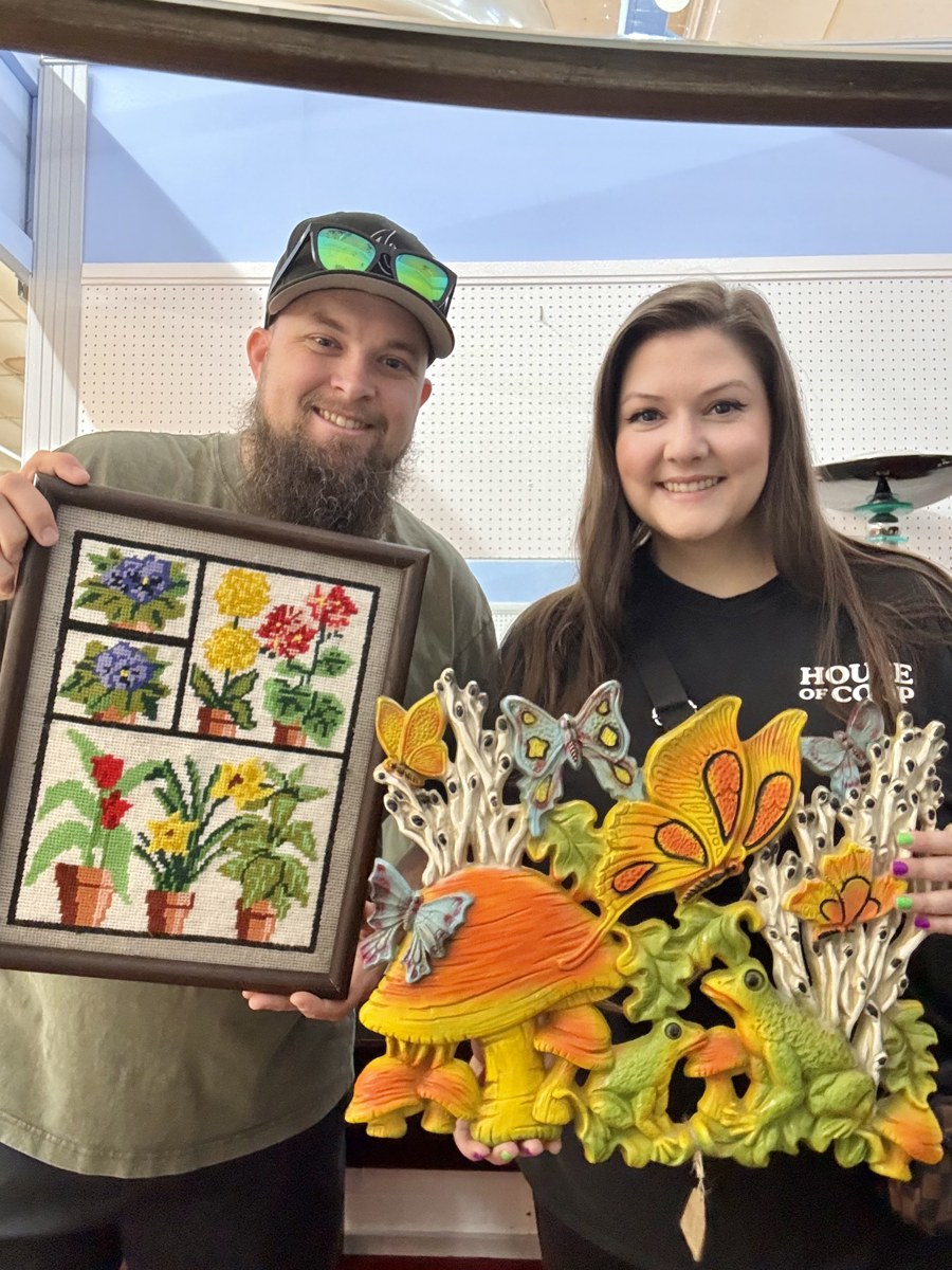 Ashley and Jacob sharing colorful vintage finds