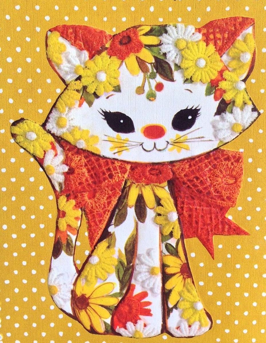 Floral kitten illustration on a yellow dotted background