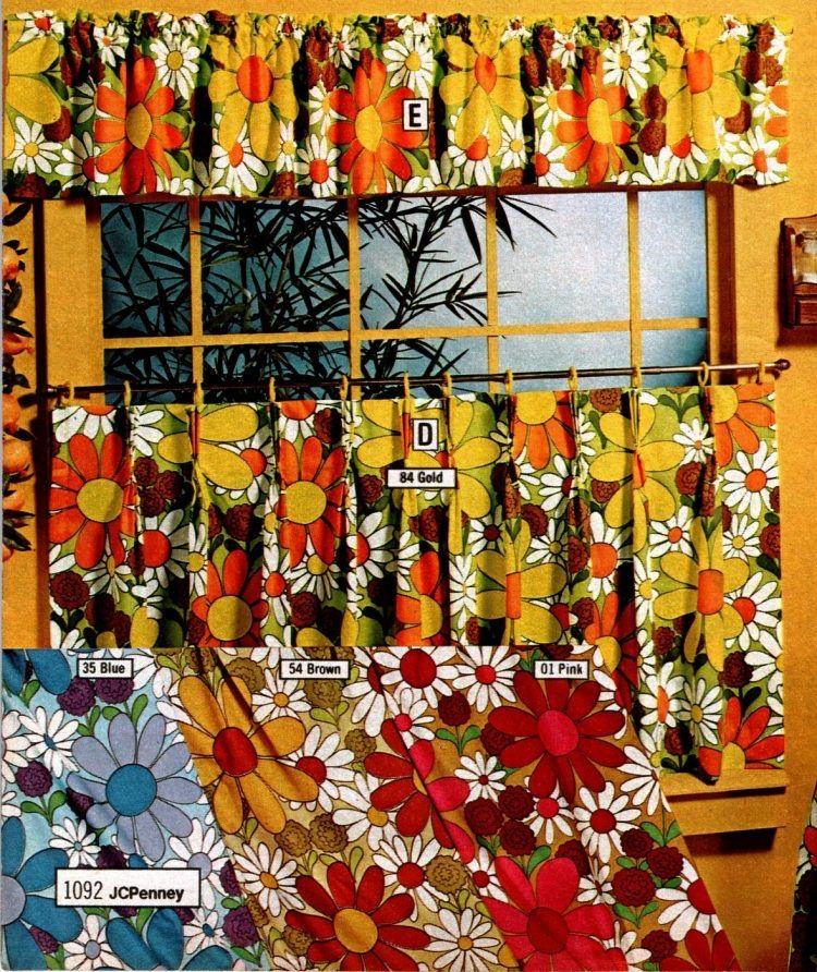 Vintage catalog page showing colorful floral curtains