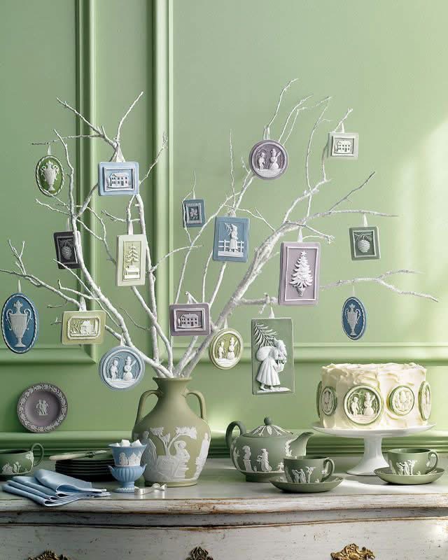 Green Jasperware table setting with ornaments suspended from branches