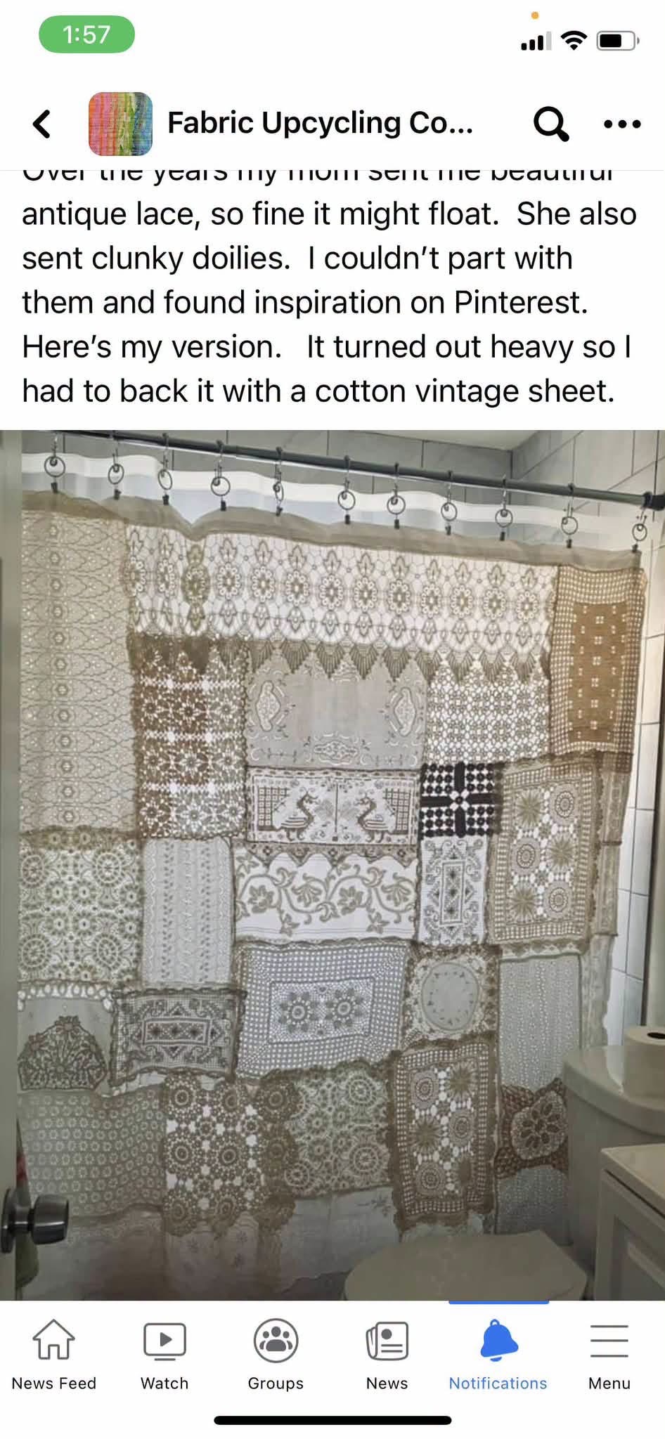 Screenshot showing a patchwork lace shower curtain and its maker’s description