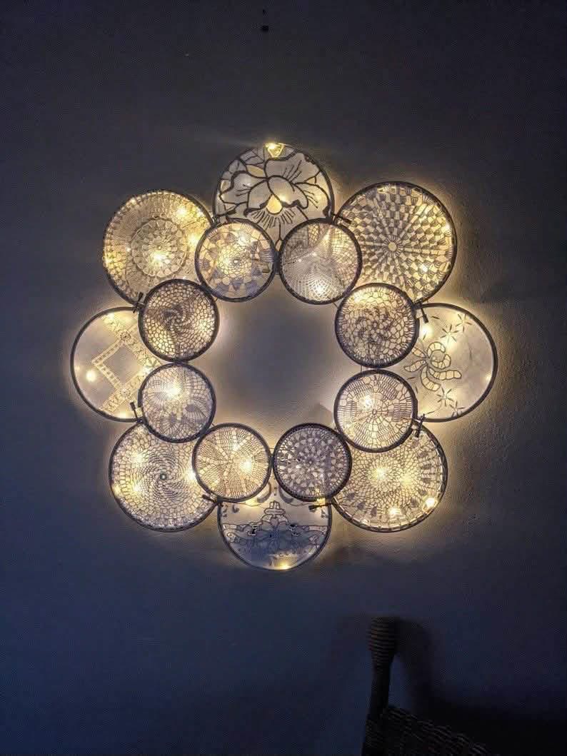 A glowing wreath made from lace filled hoops