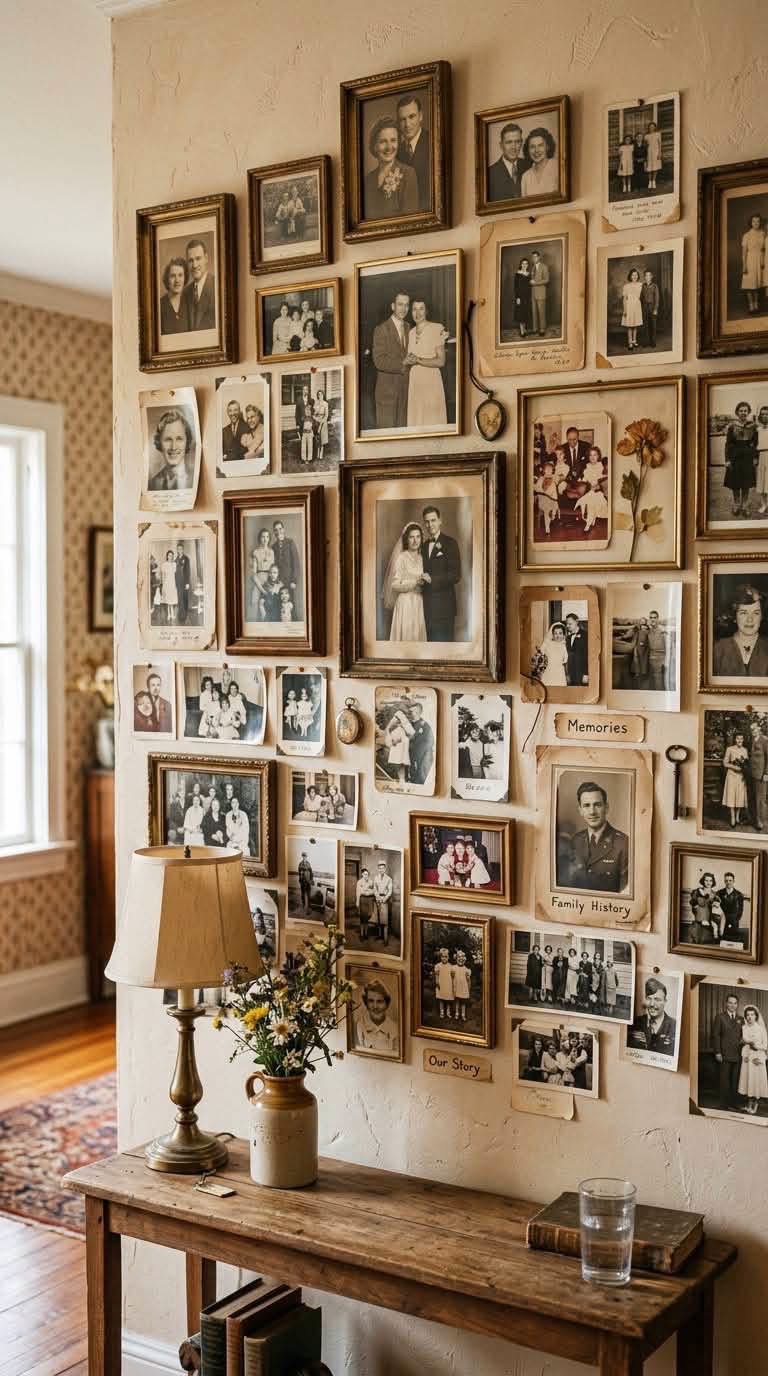 Family photographs and keepsakes above a rustic console table