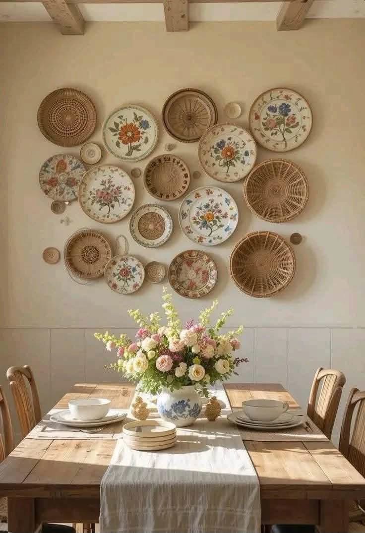 Woven baskets and floral plates above a dining table