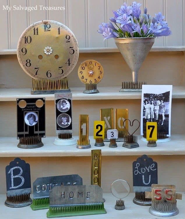 Pin flower frogs displaying clock faces, photographs, letters and numbers