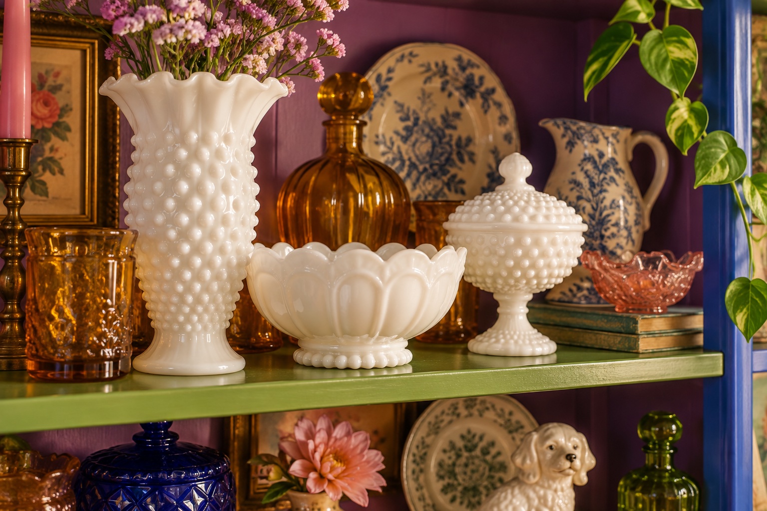 White milk glass displayed with amber glass and patterned ceramics on colorful antique-shop shelves