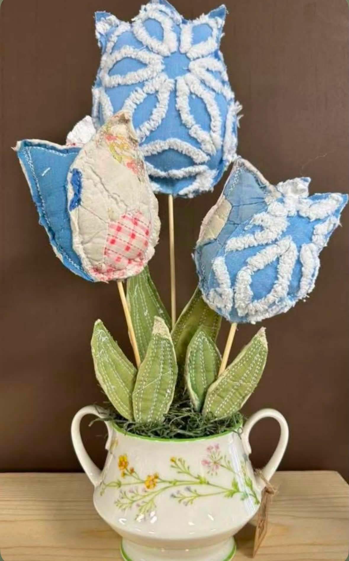 Blue and cream fabric tulips in a floral sugar bowl