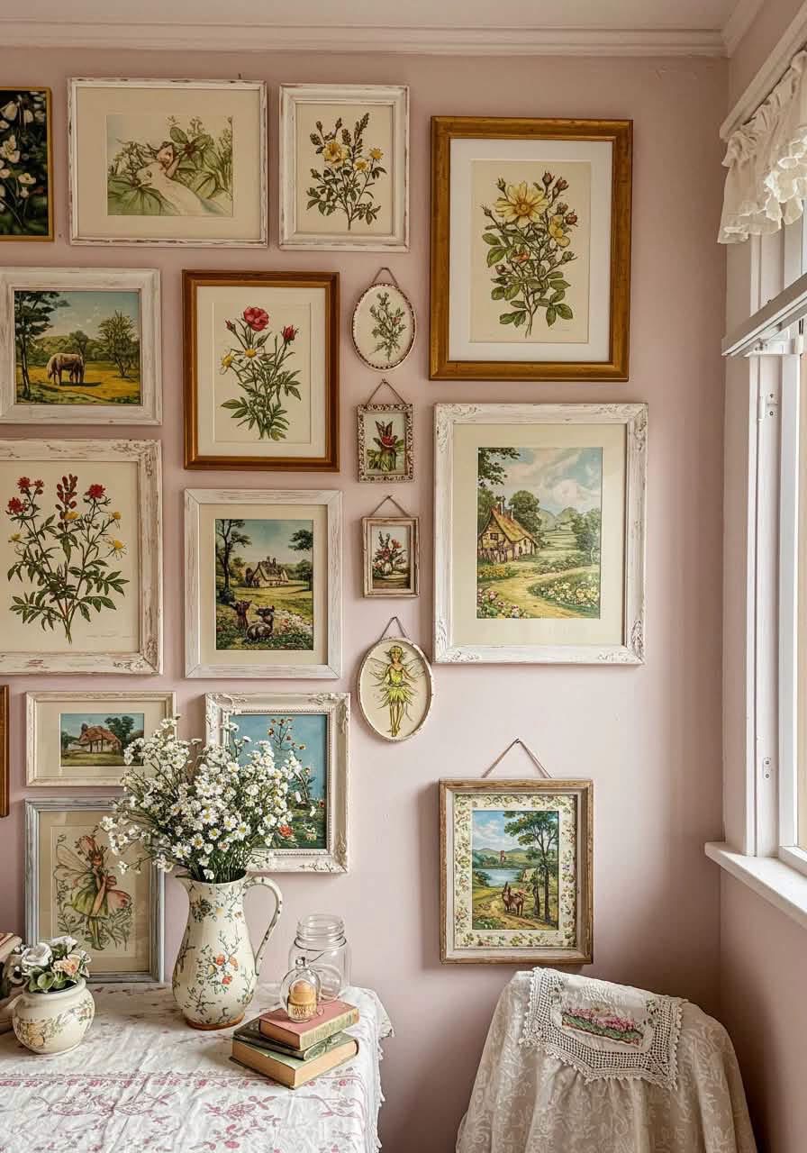 Botanical and cottage pictures in mixed frames on a pink wall