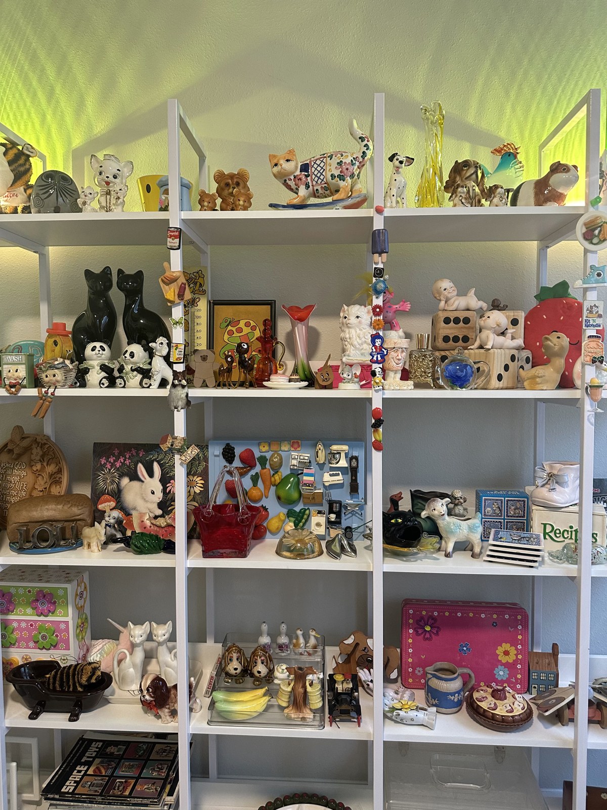 Vintage pieces arranged on white shelves beneath green lamps