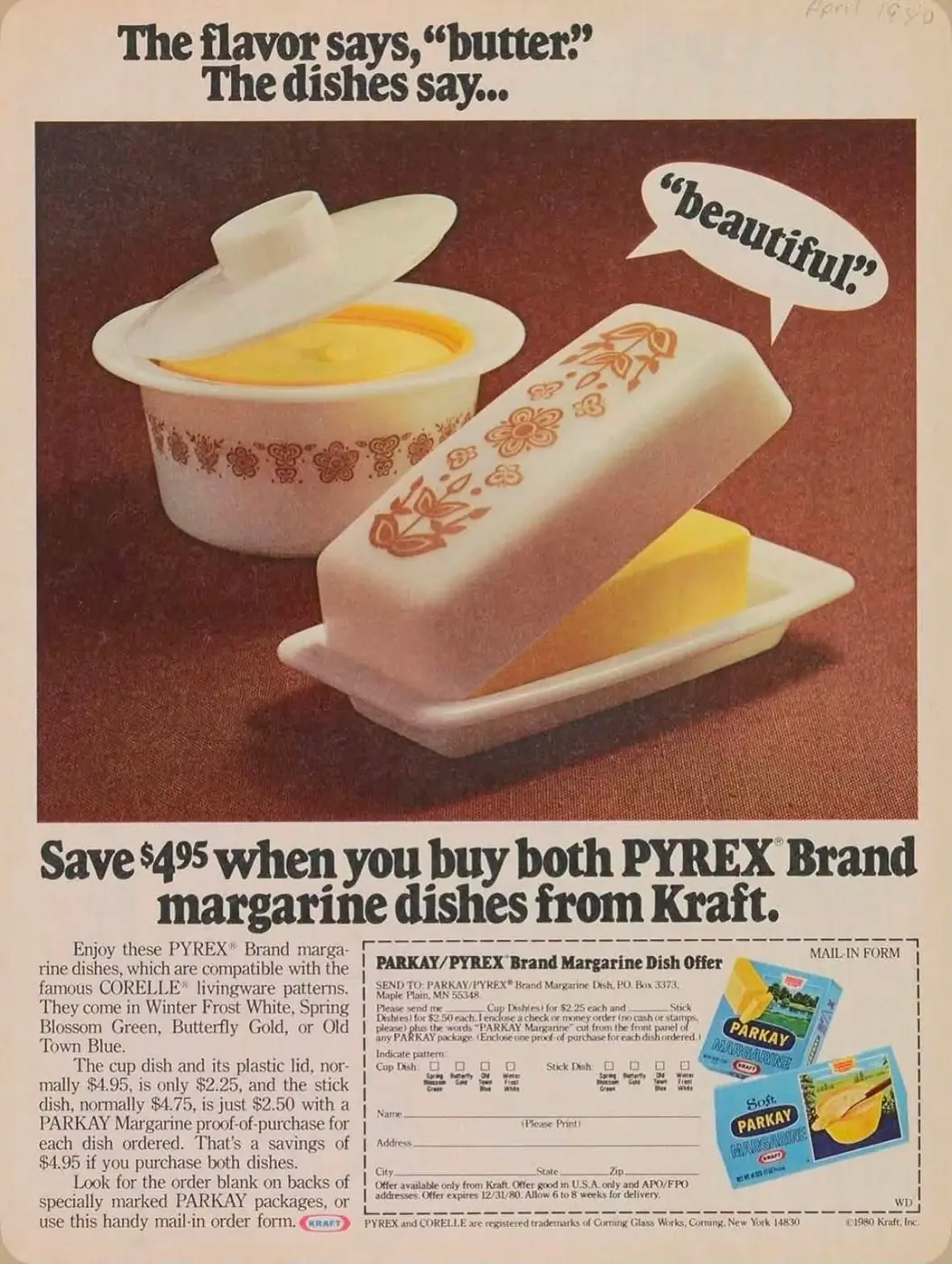 Vintage advertisement for patterned Pyrex butter dishes