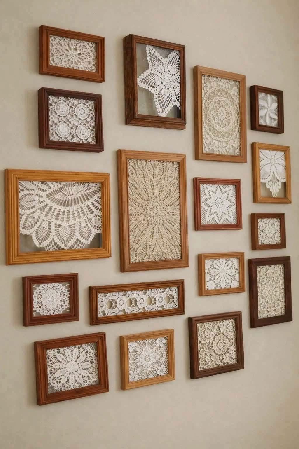 White lace doilies displayed in wooden frames